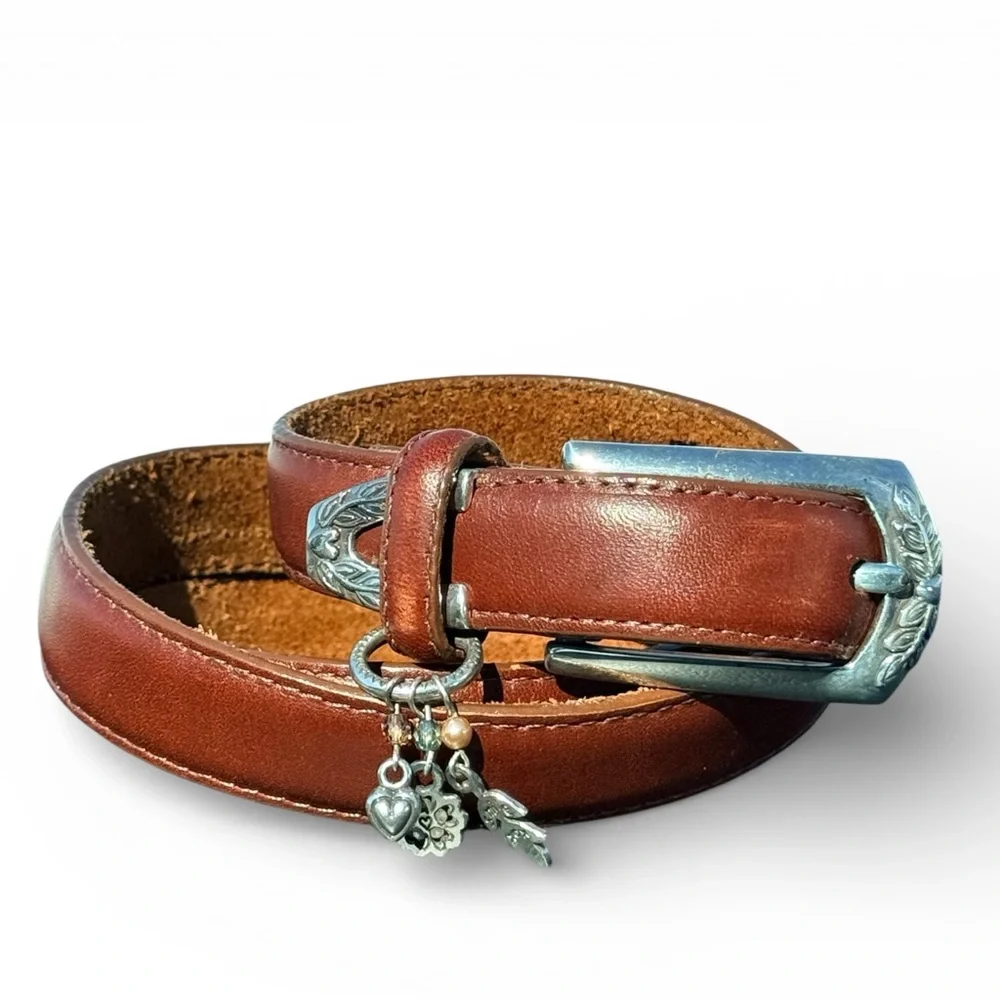 Brighton Brown Leather Belt Silver Buckle Charm Detail Size L 34”
